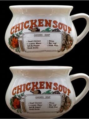 Vintage Set of 2 Chicken Soup Ceramic Soup Mugs- White with Orange Lettering